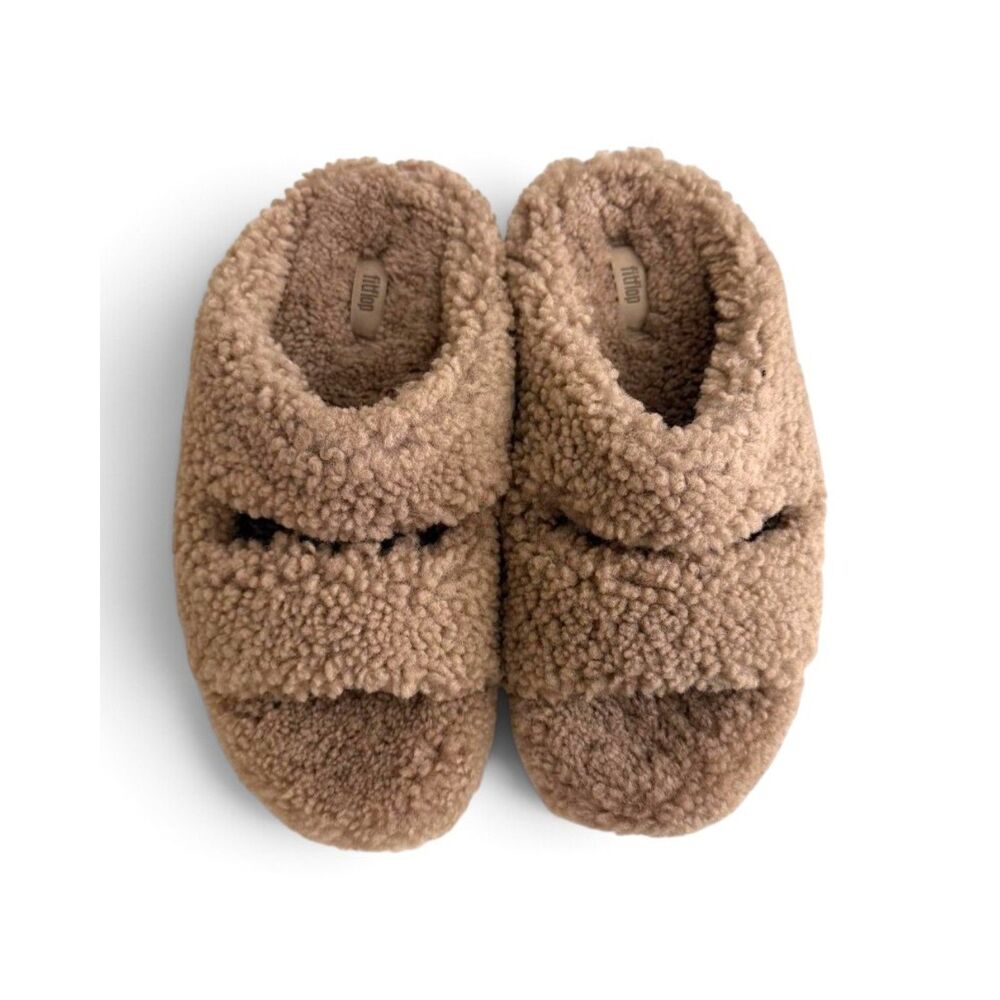 FitFlop Women's Shuv Curly Faux-Shearling Two-Bar Wedge Slide Sandals NWOT! US 7